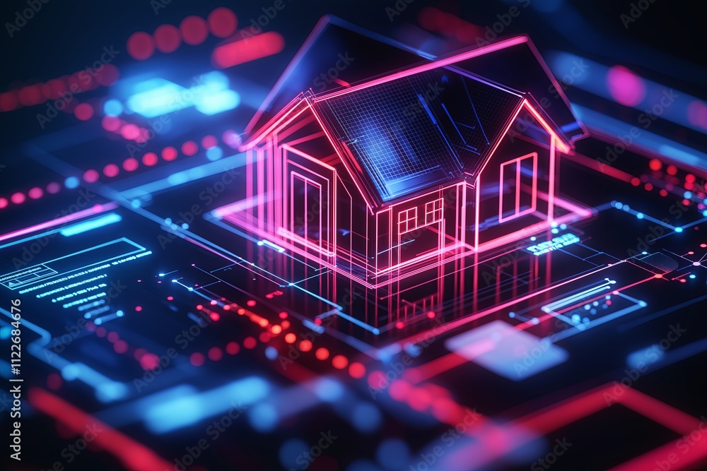 Poster A futuristic home security system with glowing motion sensors and camera feeds.