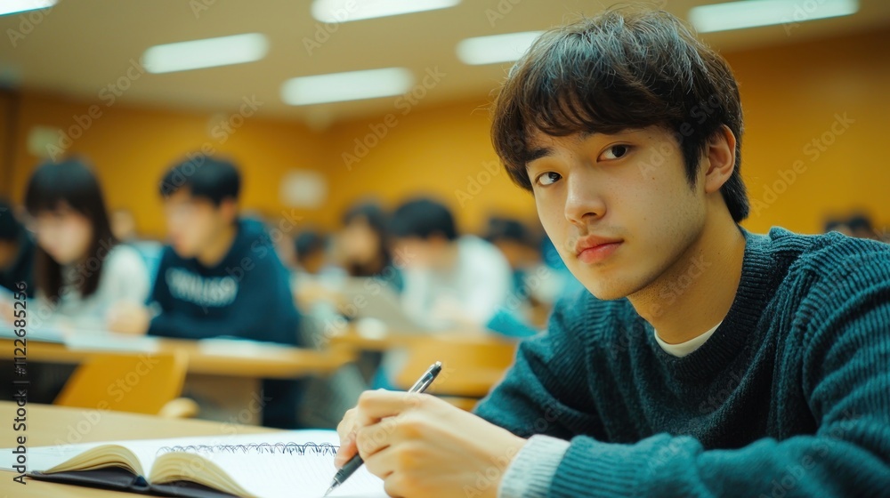 Poster a student taking notes during a lecture at an overseas university.