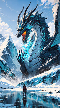 Epic Anime Dragon Wyrm Warrior in Icy Alps Winter Landscape