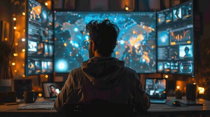 Obraz premium Indian Man Using Desktop Computer with Holographic Projections Displaying Multiple Digital Platforms