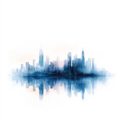 Fototapeta premium A serene watercolor depiction of a city skyline with reflected buildings in soft blues and grays, perfect for backgrounds, website banners, and promotional materials highlighting urban life,