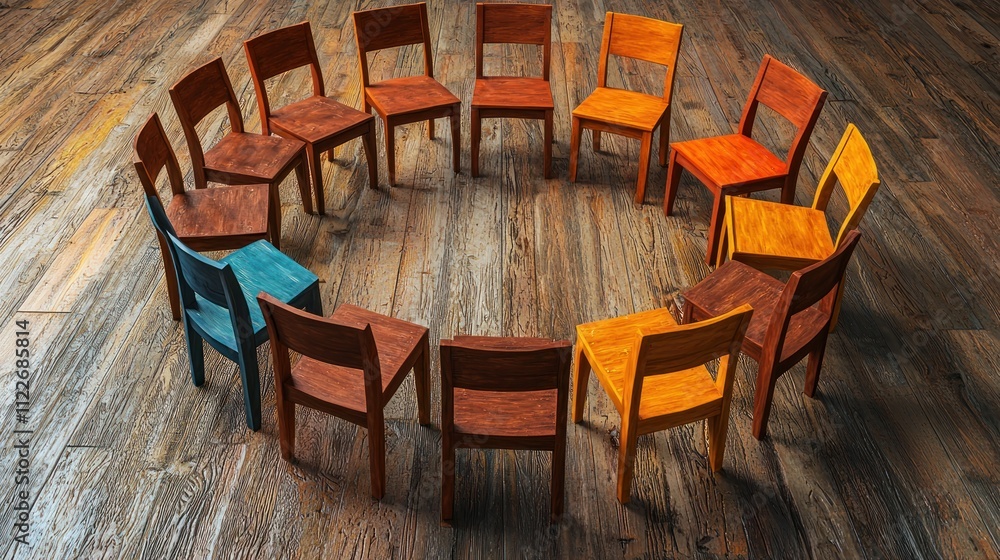 Poster a symbolic representation of an empty chair in a circle of occupied ones.