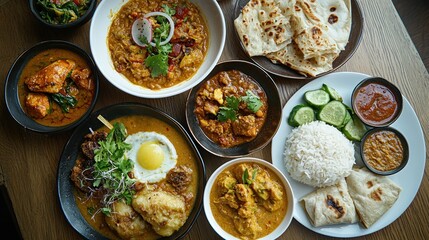 A table seen from above with various international dishes for a multicultural feast.