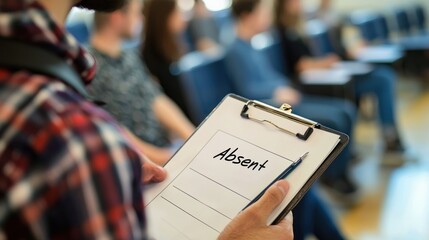 A teacher taking attendance and marking "Absent" next to a name on a clipboard.