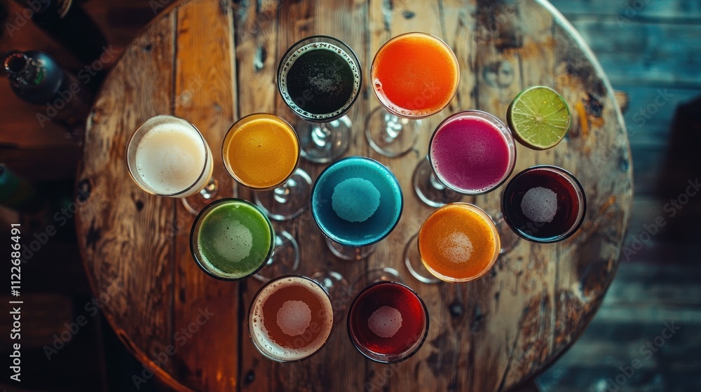 Poster a top-down view of a bar table with multiple colorful cocktails ready to serve.