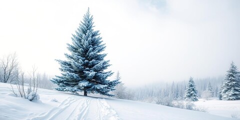 Obraz premium Snowy Winter Landscape with Christmas Tree, winter, snowy forest