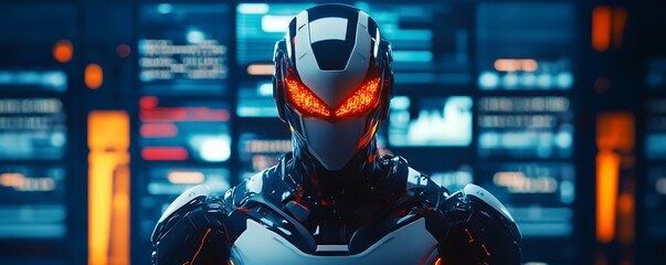 A futuristic robot with glowing red eyes stands in front of an array of digital screens displaying data and code