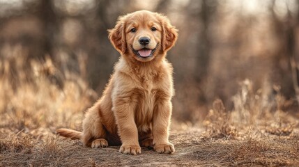Obraz premium A happy golden retriever puppy sitting in a beautiful pose, showcasing its adorable features and playful spirit