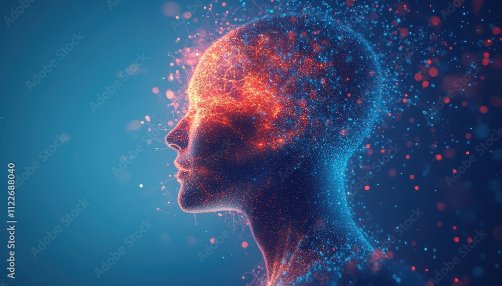 Poster abstract digital head composed of sparkling particles