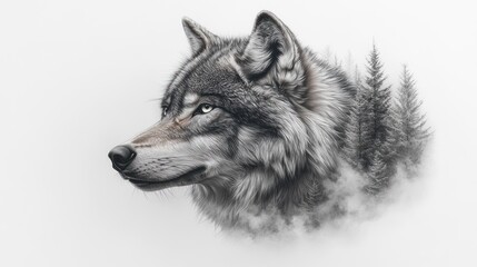 Fototapeta premium Here's a description and keywords for your image.. Majestic wolf portrait, profile view, blended with forest background.