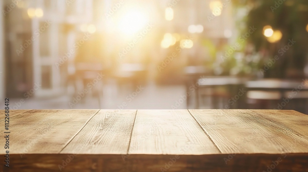Poster light gold wood table top with bokeh background effect