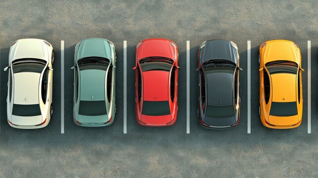 An overhead view of parked cars in a symmetrical parking lot.