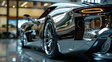 A high-end sports car in a showroom with sleek lines and polished chrome.