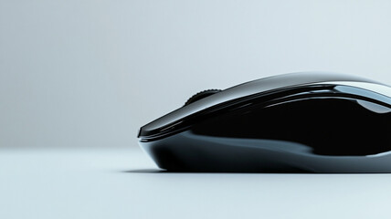 sleek glossy black computer mouse is isolated on clean white surface, showcasing its modern and minimalist design. smooth curves and reflective finish add touch of elegance