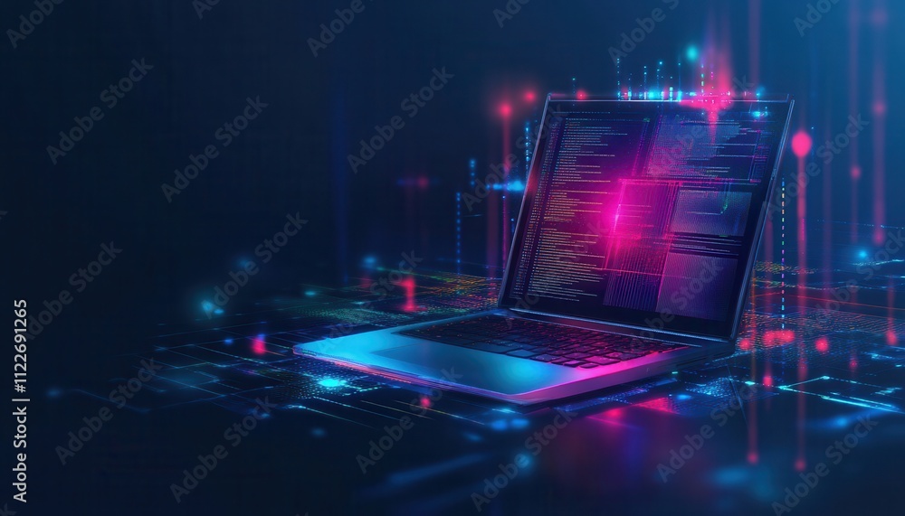 Aufkleber Laptop Displaying Code in a Futuristic Digital Setting