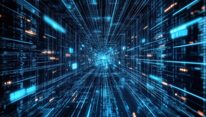 Fototapeta premium Digital Data Streams Flowing Through A Cyber Tunnel