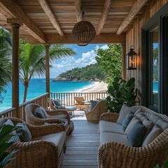 Fototapeta premium A serene beachfront view from a cozy porch with wicker furniture and tropical surroundings.