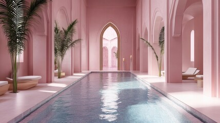 Fototapeta premium A indoor beautiful pool in a minimalist arabic style construction in pink tones with palm trees