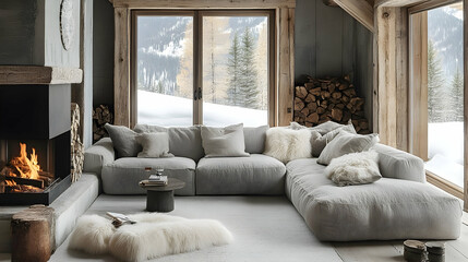 Fototapeta premium Cozy winter living room escape mountain retreat interior design snowy environment warm viewpoint comfort concept