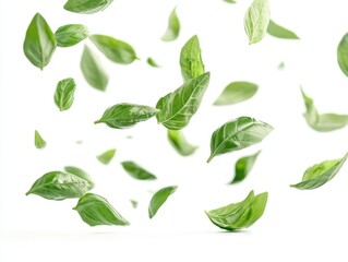 Fresh Basil Leaves Falling Gracefully Against White Background