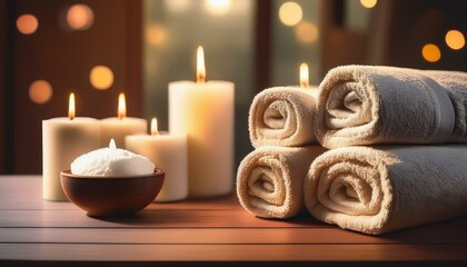 Toallas enrolladas y velas aromáticas