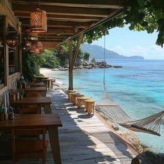Fototapeta premium A serene beachside café with wooden seating and a hammock overlooking clear blue waters.
