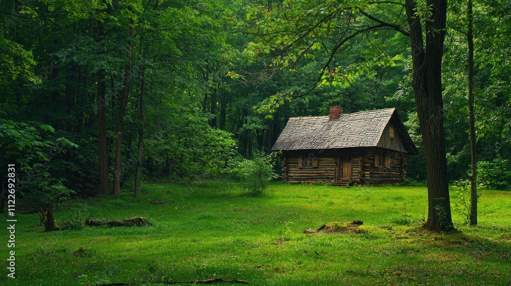 Poster a rustic cabin in a forest setting with basic but charming rural accommodation.