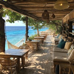 Fototapeta premium A serene beachside café with wooden tables, cozy seating, and ocean views.