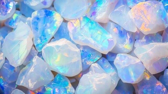 Iridescent opal crystals, close-up footage
