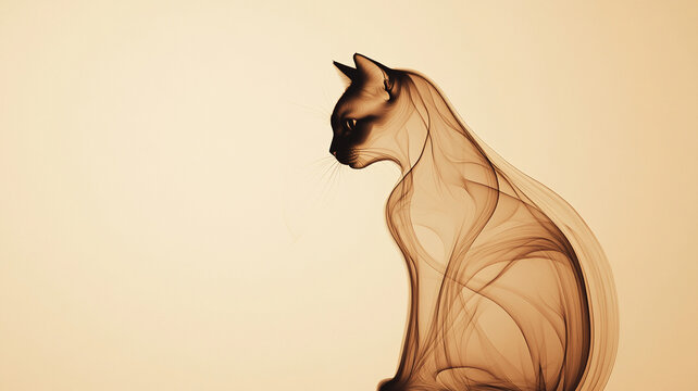 graceful silhouette of sitting cat formed by elegant smoke like lines on warm beige background, evoking sense of mystery and artistry