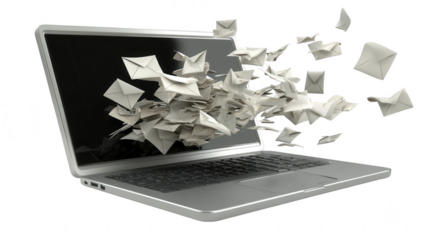 Digital Communication Explosion, letters sent flying from a computer screen, representing online message overload. Isolated on white background or PNG