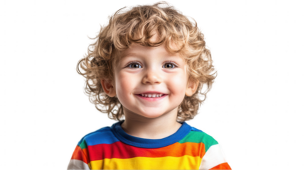 Smiling Child, Curly Hair, Colorful Striped Shirt, Bright Eyes, White Background Isolated on white background or PNG