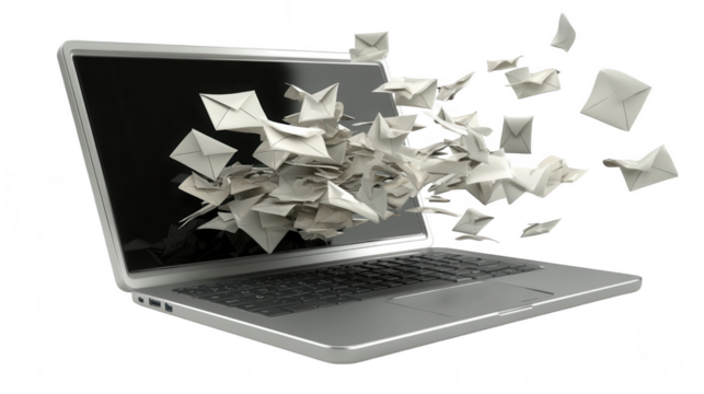 Digital Communication Explosion, letters sent flying from a computer screen, representing online message overload. Isolated on white background or PNG