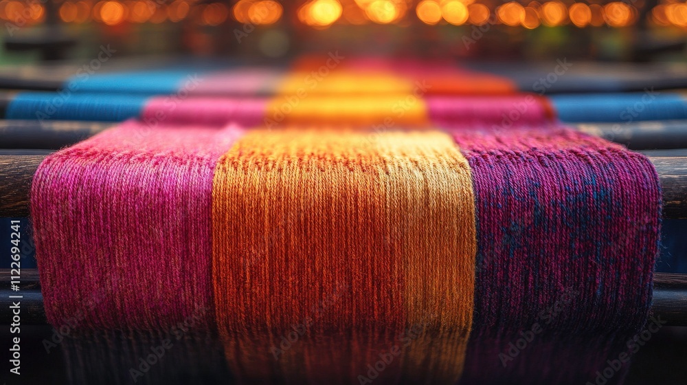 Aufkleber close-up view of vibrant threads on a loom with colorful patterns and soft focus background creating