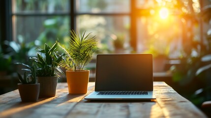 Fototapeta premium A laptop is on a table next to a potted plant