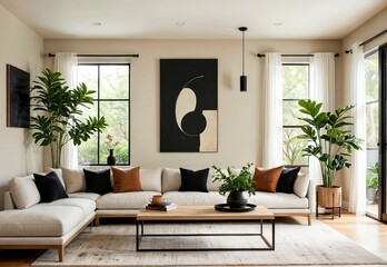 Fototapeta premium Contemporary Minimalist Living Room with White Sofa, Abstract Art, and Natural Light