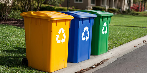 Three colorful recycling bins on a sunny street, promoting waste segregation and environmental conservation