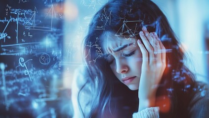 A girl is holding her head in pain, surrounded by math equations and chalkboards