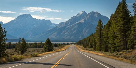 Fototapeta premium Empty stretch of asphalt road running parallel to a mountain range with a clear blue sky above and pine trees in the foreground, empty highway, calmness
