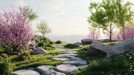 Obraz premium A beautiful, serene landscape with a path winding through a lush green field. The path is lined with pink flowers, adding a touch of color and vibrancy to the scene. The field is dotted with rocks
