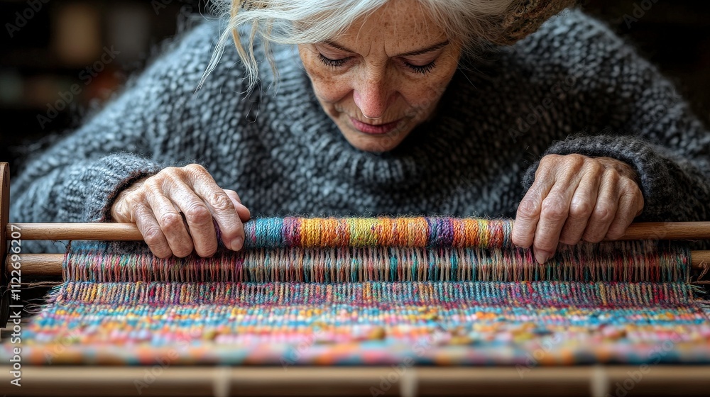 Poster skilled artisan weaving intricate patterns on a loom, illuminating the craft of textiles with a focu