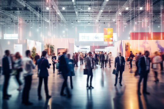 Blurred silhouettes of people at an exhibition hall during a trade show or expo event. Business convention show or job fair. Business concept background.