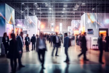 Blurred silhouettes of people at an exhibition hall during a trade show or expo event. Business convention show or job fair. Business concept background.
