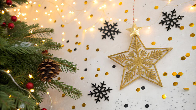 Christmas background with christmas decorations. star. snowflake. gold and black confetti
