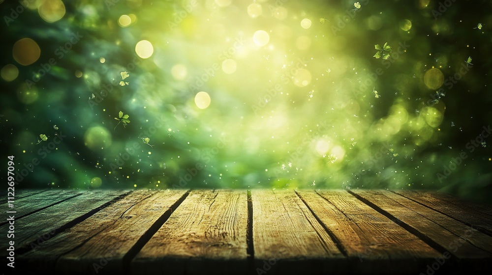 Poster abstract green blurred background with empty wooden table top