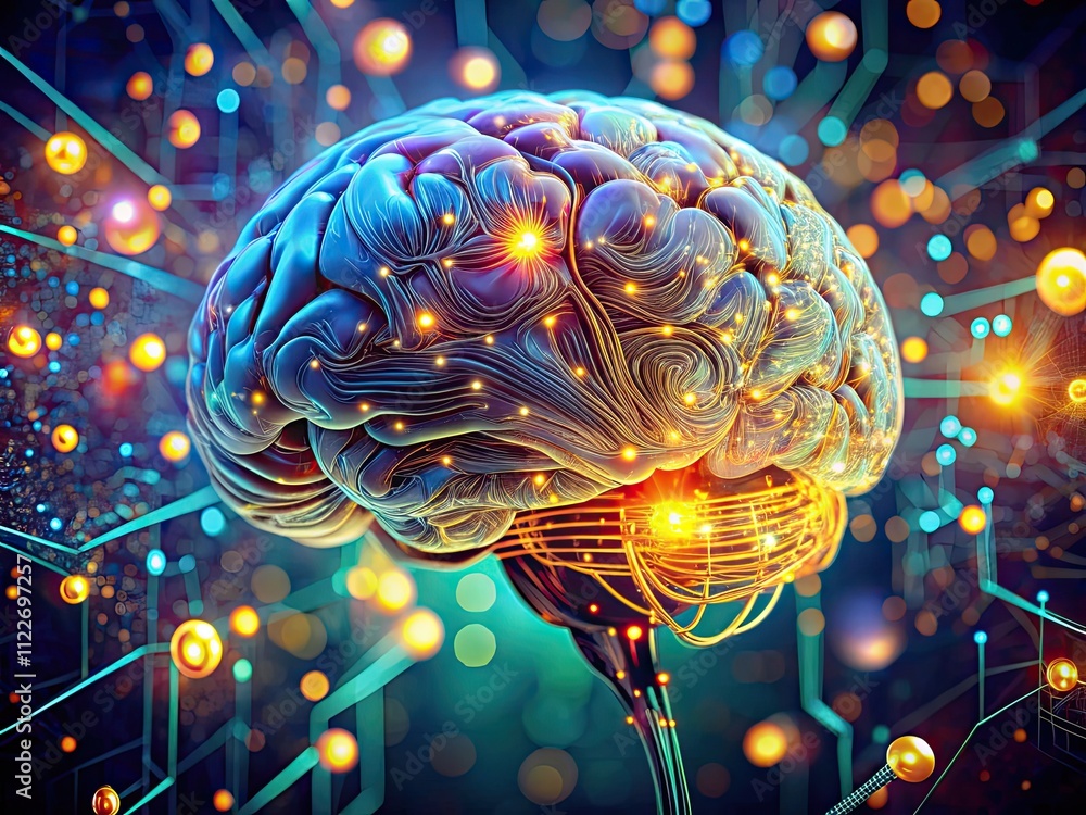 Poster digital ai brain, rendered in 3d with vibrant neural pathways and bokeh, cyberpunk style.