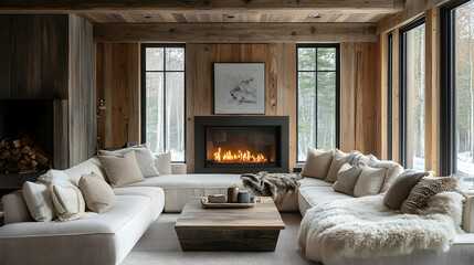 Fototapeta premium Cozy living room with modern fireplace rustic cabin interior design winter retreat wide angle comfort and warmth