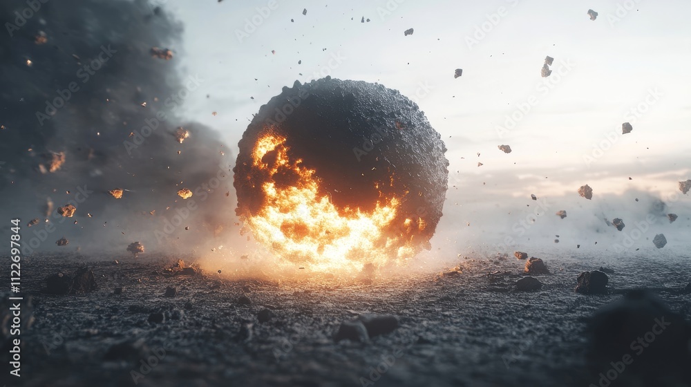Aufkleber explosive sphere erupting from the ground with fiery core, surrounded by debris and smoke, illustrat