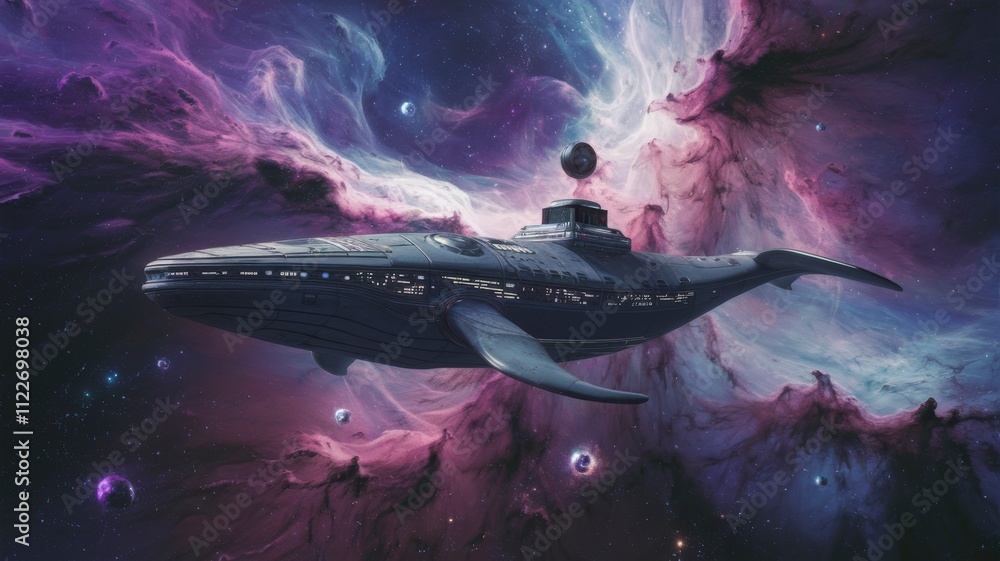 Poster epic space voyagea whale-shaped spaceship navigates cosmic wonders in the nebula surreal sci-fi art 