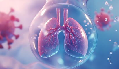 Futuristic Digital Illustration of Lungs with Cartoonish, Glowing Granules and Virus Shapes on Blue Background